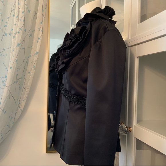JS Collection Vintage Black Evening Jacket Ruffles Satiny Size 4 - Picture 7 of 11